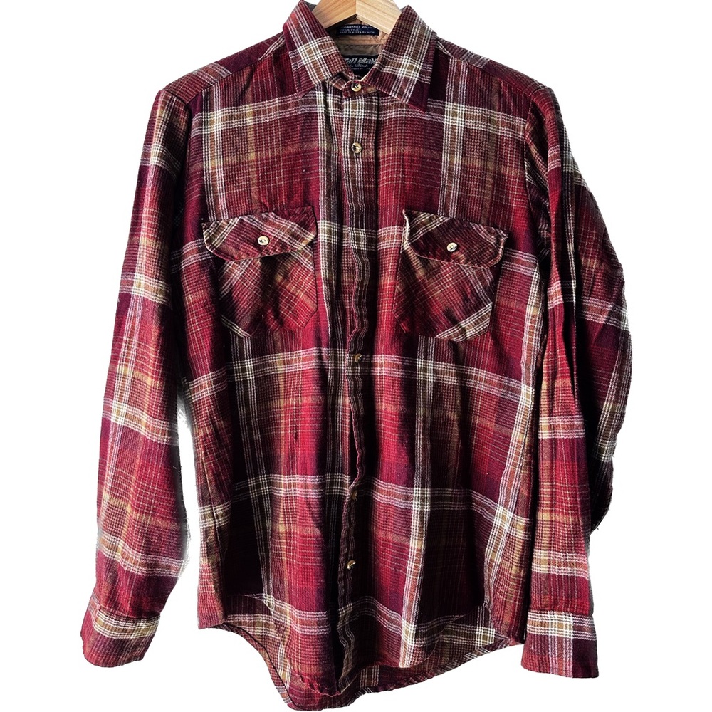 Vintage 1960s 60s TALL MAN by Block Bilt Flannel Plaid Loop Collar Shirt Tall LT